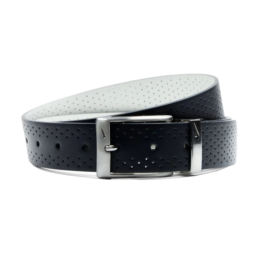 Black and white perforated leather nike belt with silver buckle on a white background