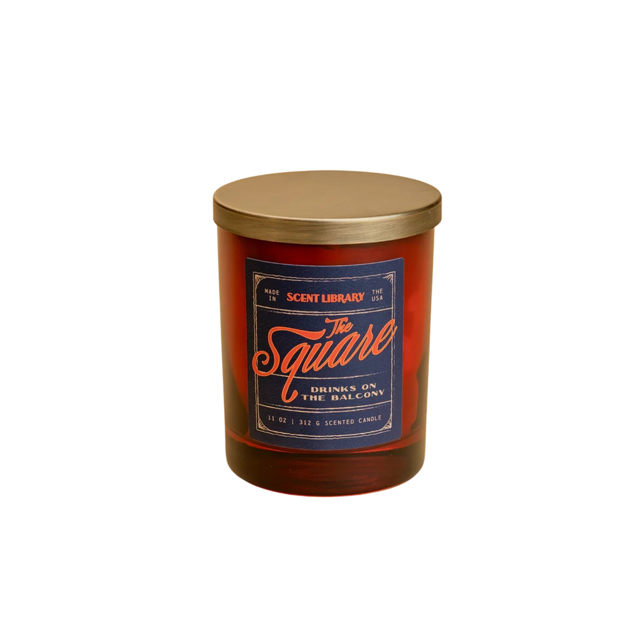 Scented candle labeled 'The Square Drinks on the Balcony' by Scent Library on a white background