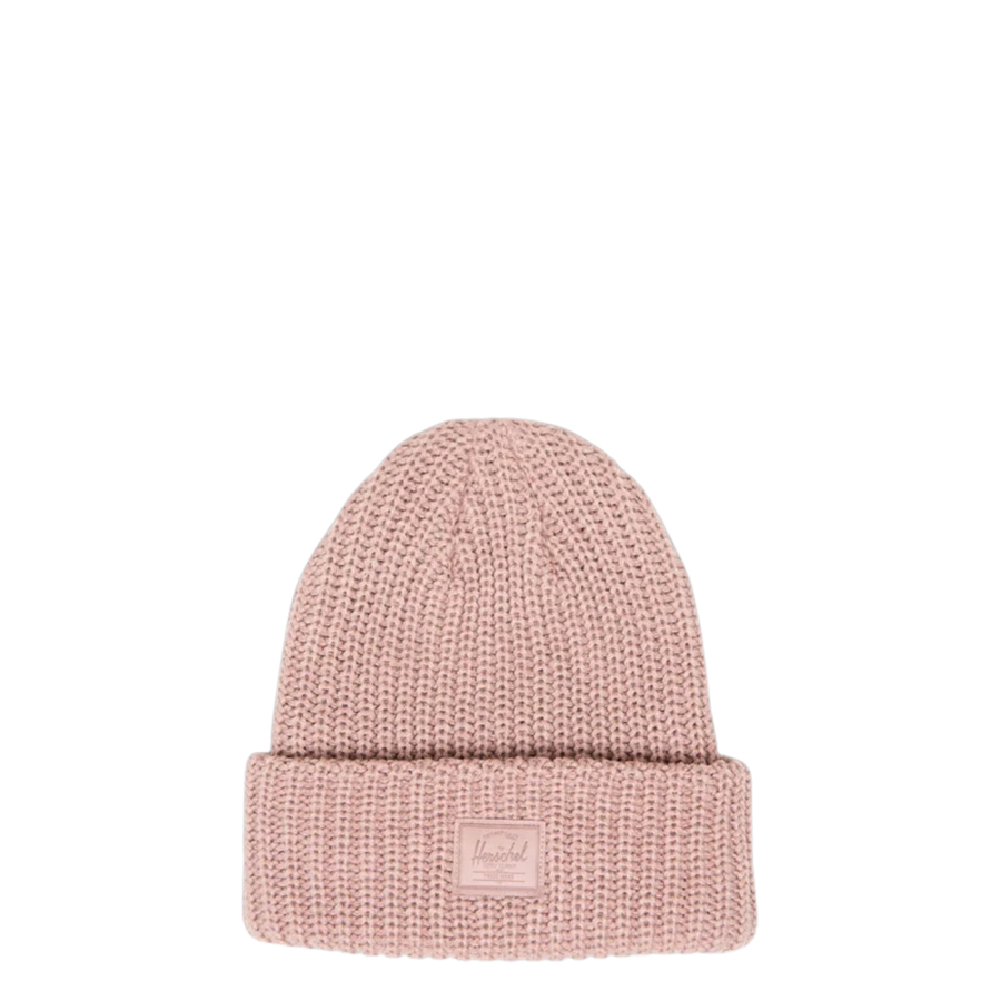 pink ribbed herschel beanie on a white background
