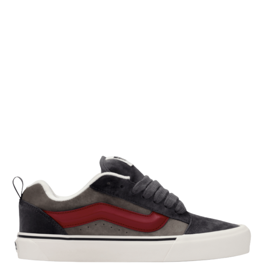 grey vans men's knu skool sneaker with red strip and white sole on a white background