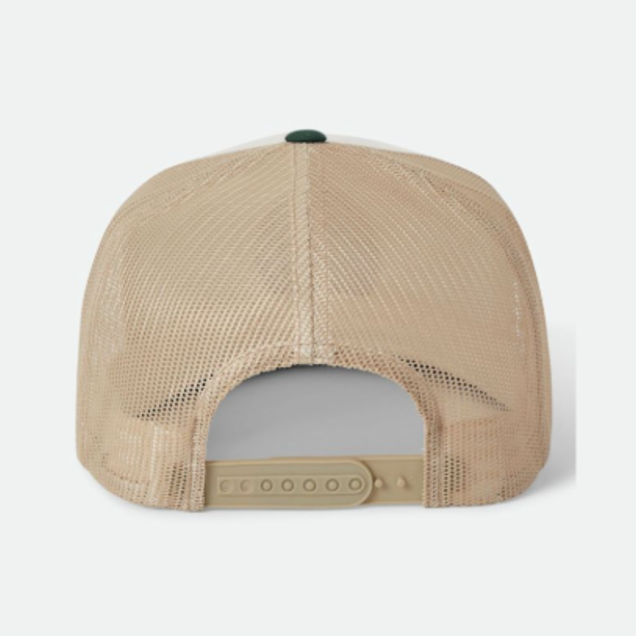 brixton oath Trucker hat with beige and green colors on a white background