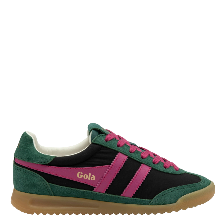 Green and black gola firefly women's sneaker with pink accents on a white background