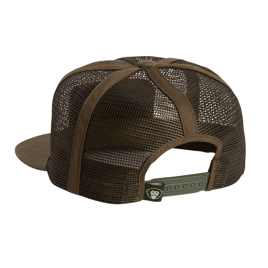an olive trucker hat with a dark green mesh back and a flat brim, featuring a prominent yellow and red embroidered patch on the front that reads 'HOWLER BROTHERS "head the cat!"'.