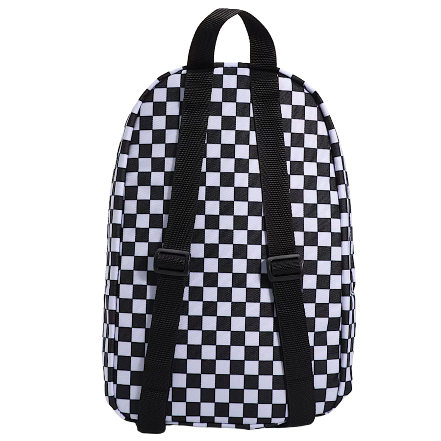 black and white checkerboard mini vans backpack on a white background