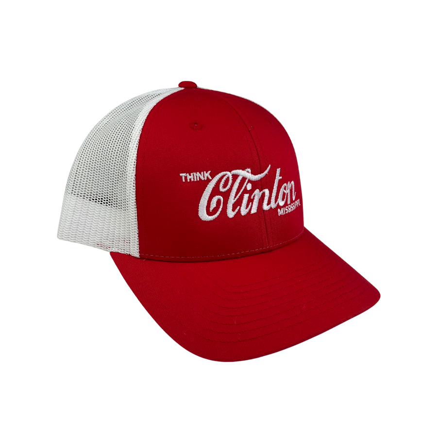 Red and white cap with 'Think Clinton' text on a white background