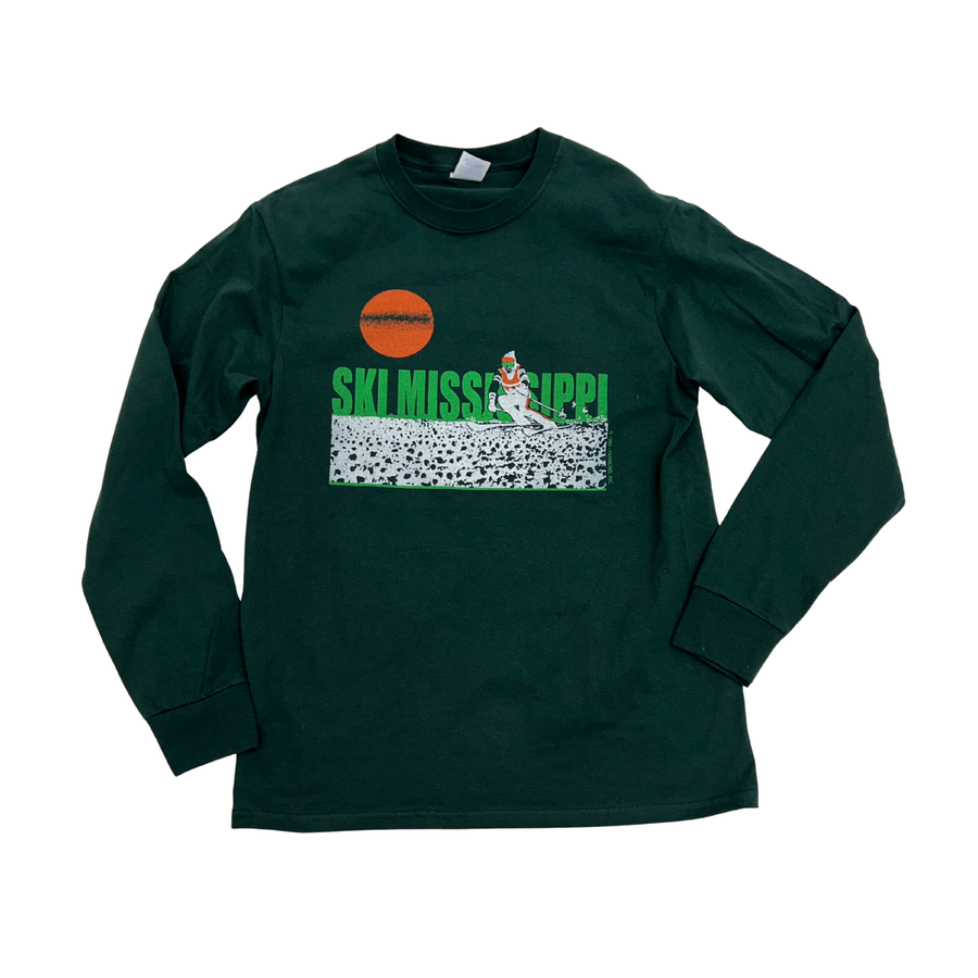 kelly Green long-sleeve shirt with ski mississippi graphic design on a white background