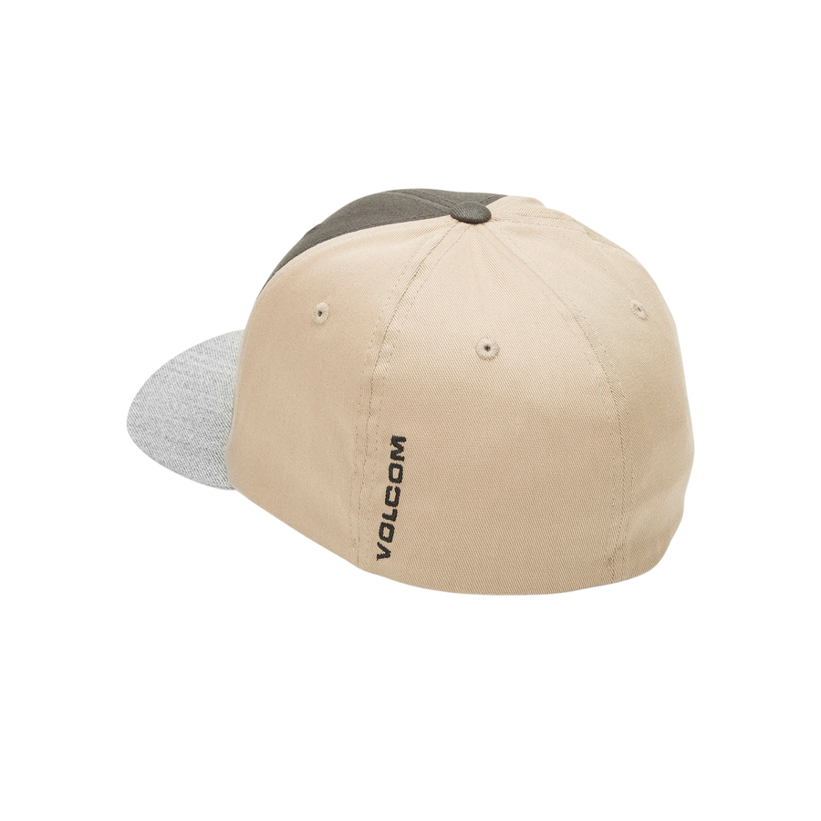 Multicolored volcom full stone heather flexfit hat with a red logo on a white background