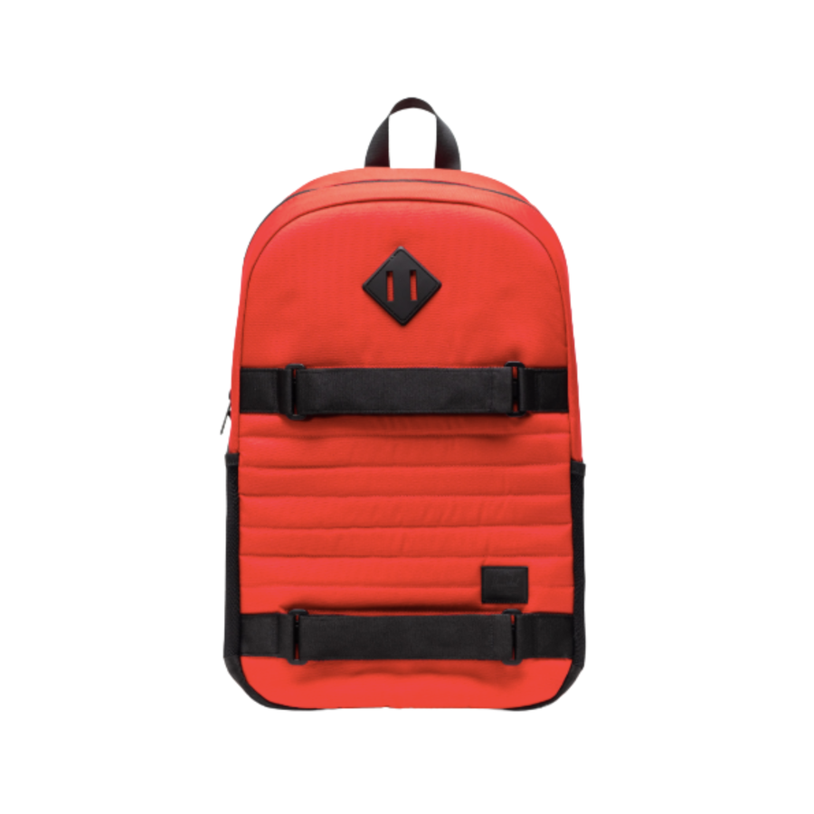 red herschel fleet skateboard backpack with black straps on a white background