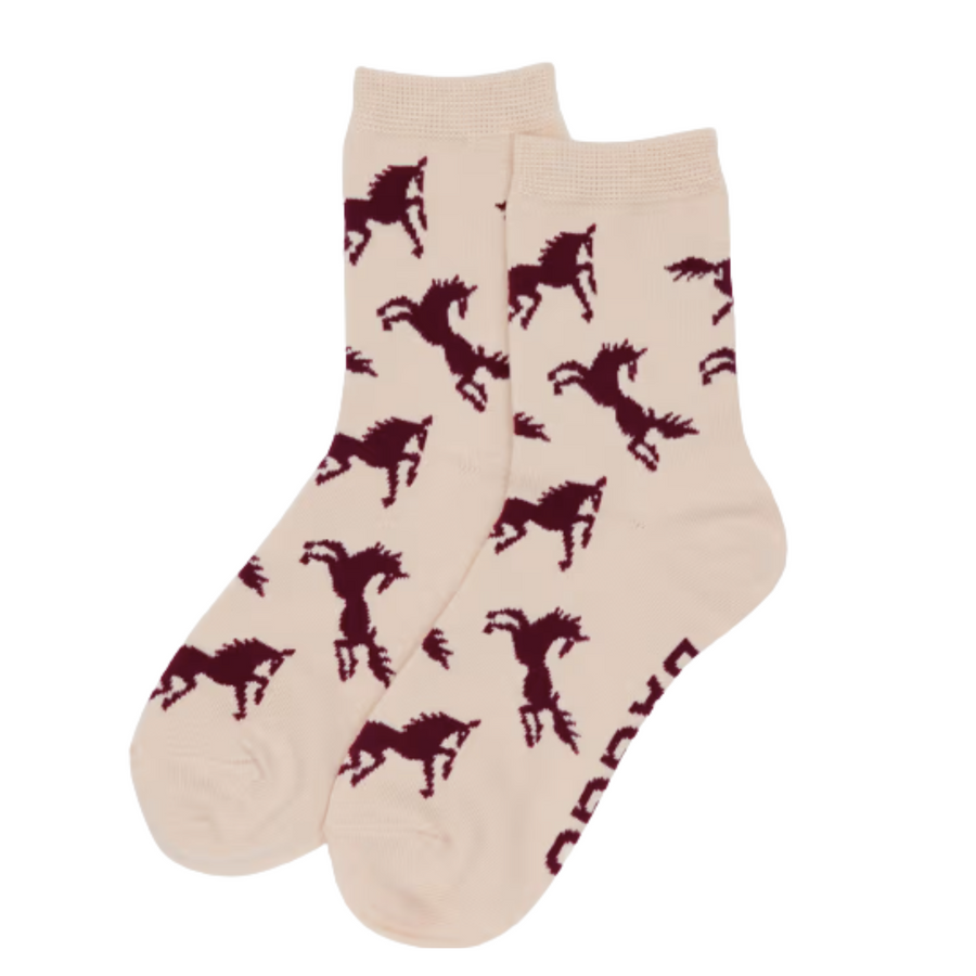 Beige baggu crew socks with horse pattern on a white background