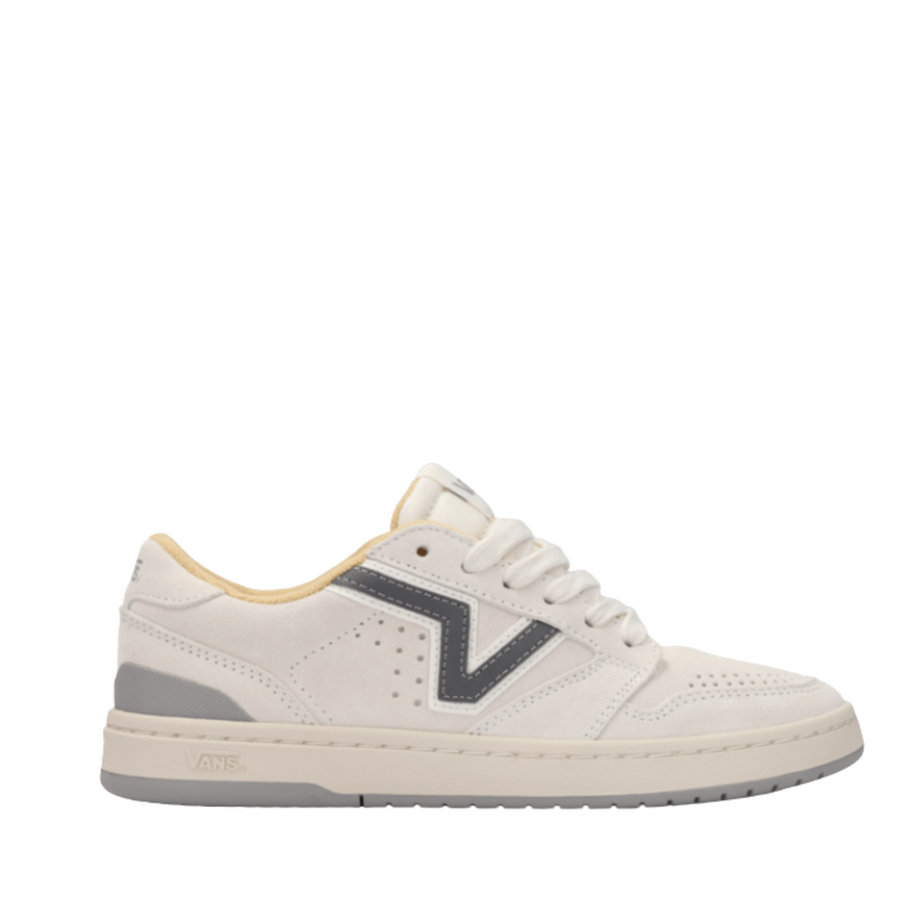 off white vans lowland 2.0 women's sneaker with gray accents on a white background