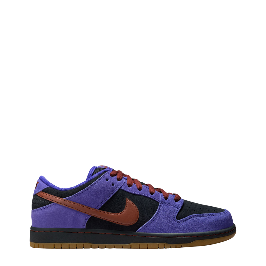 Purple nike sb dunk low sneaker with dark red and black accents on a white background