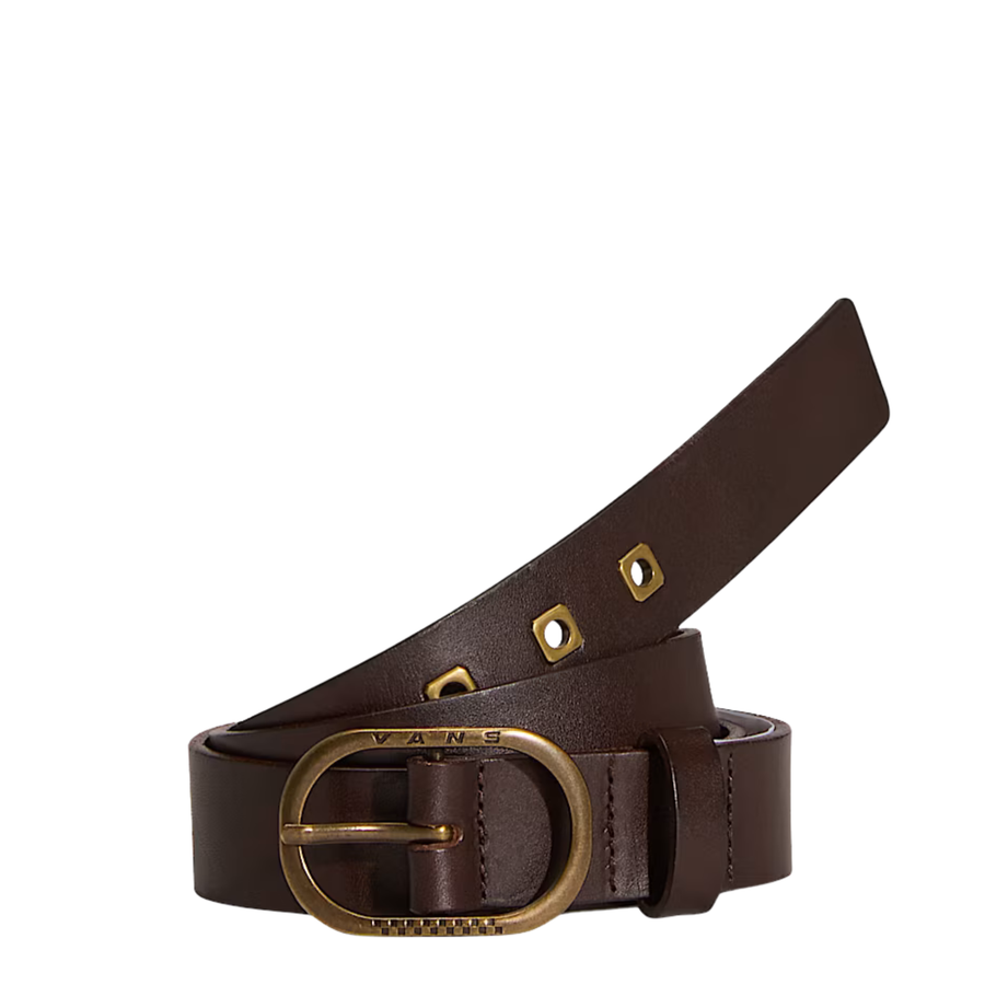brown vans determined leather belt with gold fixtures on a white background