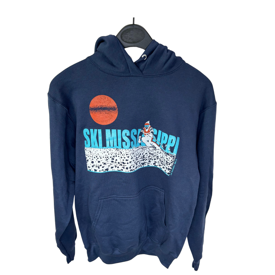 Man wearing a navy blue ski mississippi hoodie with graphics and text, standing against a white background