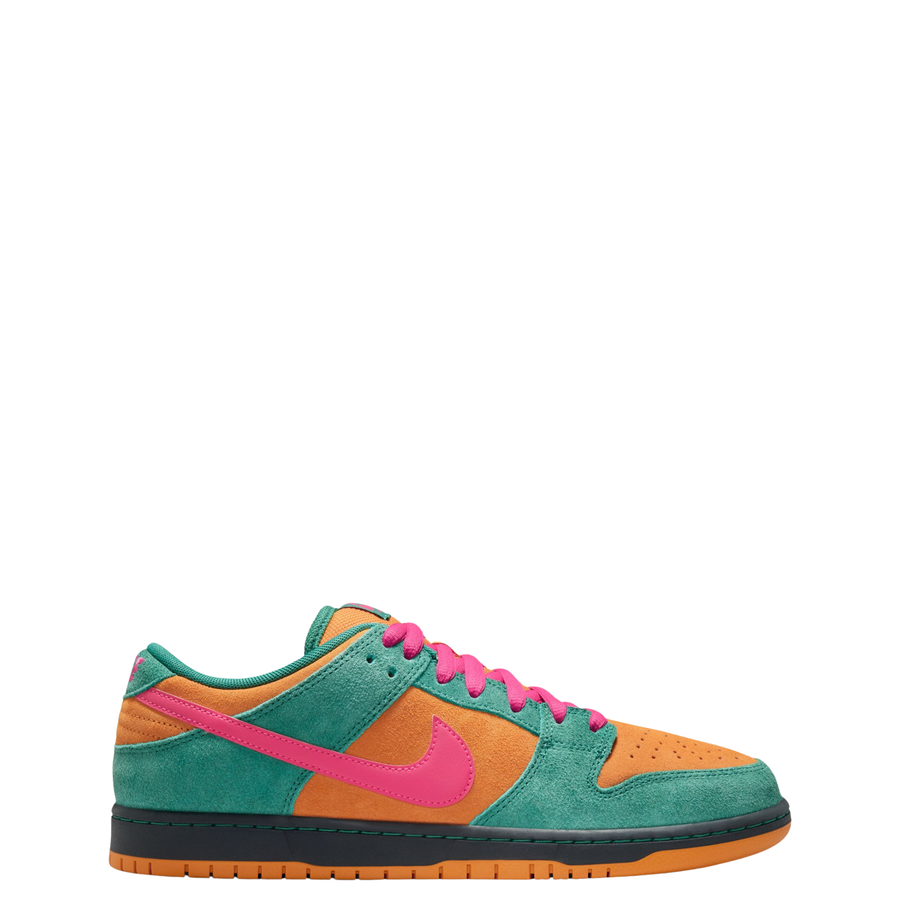 A low-top Nike sb dunk low watermelon sneaker in a vibrant multicolor palette, featuring teal green suede, orange suede overlays, a bright pink Swoosh and laces, and a black and orange sole, shown against a plain white background.