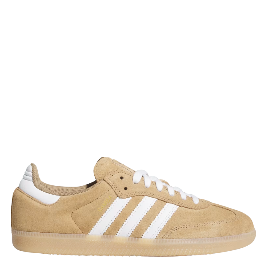 brown adidas samba adv skateboarding shoe with gum sole on a white background