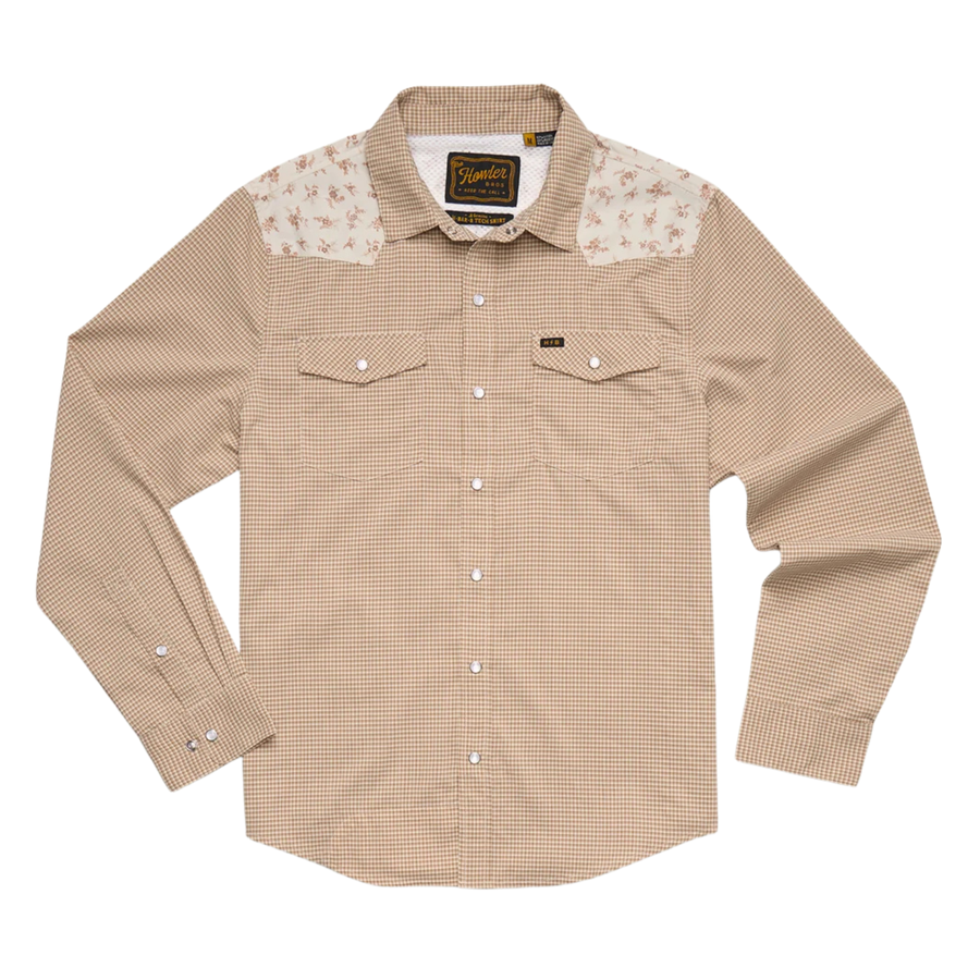 A beige and brown checkered long-sleeve howler h bar tech western shirt with beige floral patterned yoke panels on the shoulders, featuring two buttoned chest pockets and a button-down front.