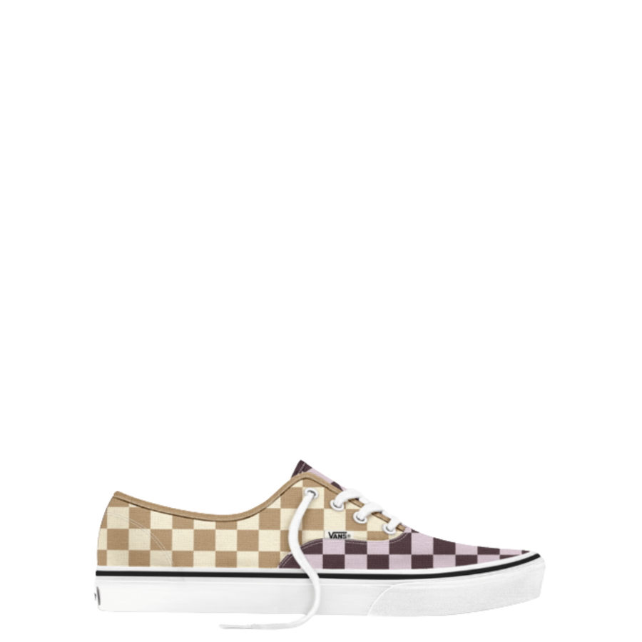 A low-top Vans authentic sneaker featuring a dual checkerboard pattern in tan and dark brown, with white laces and a white rubber sole.