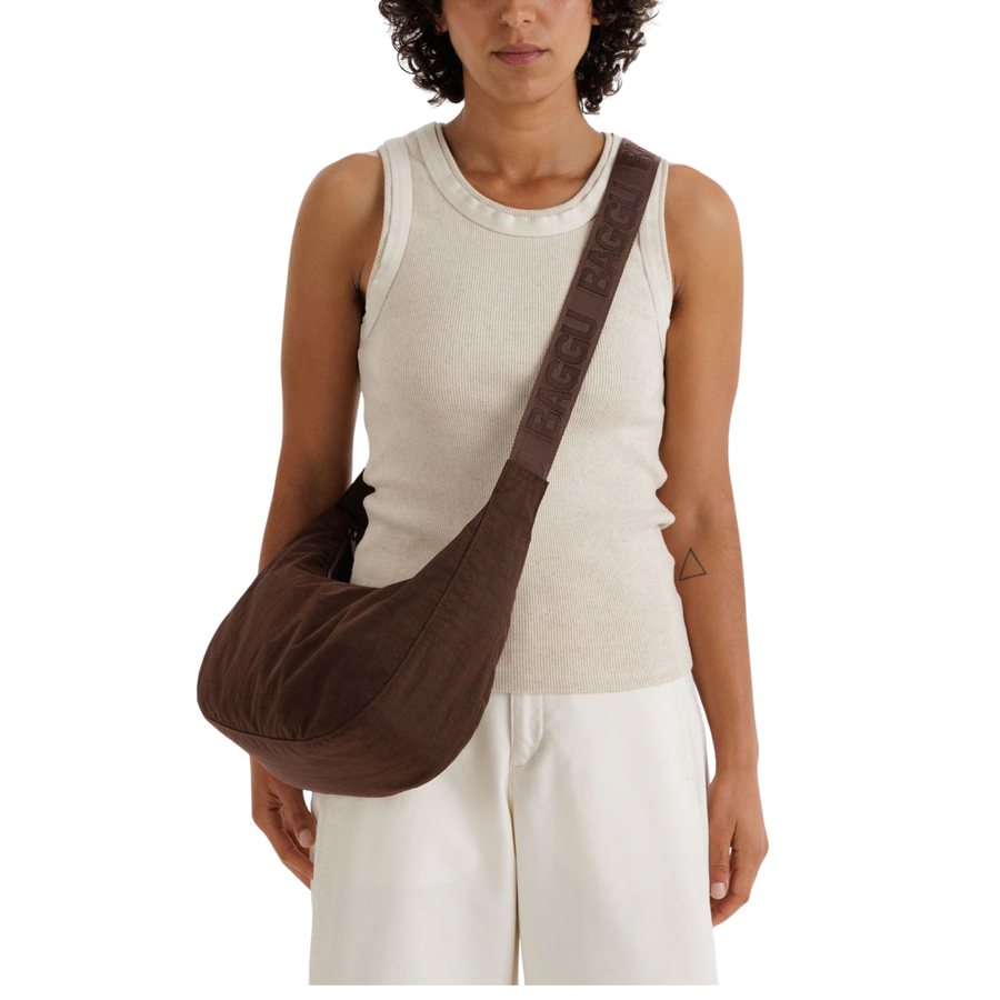 coffee dark brown colored baggu medium nylon crescent bag