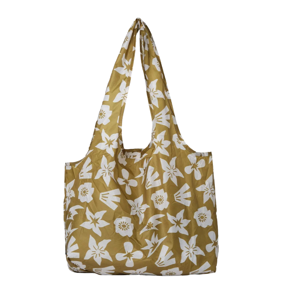 olive colored thread packable tote bag with white flower design on a white background