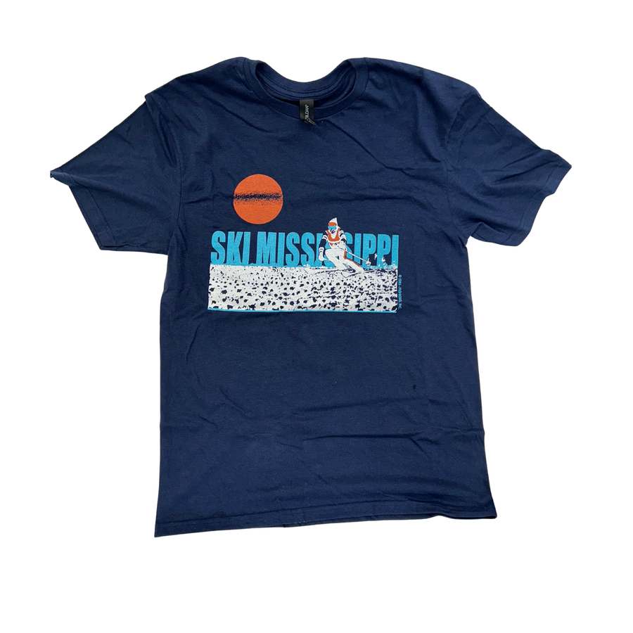 Blue ski mississippi t-shirt with graphic design on a white background