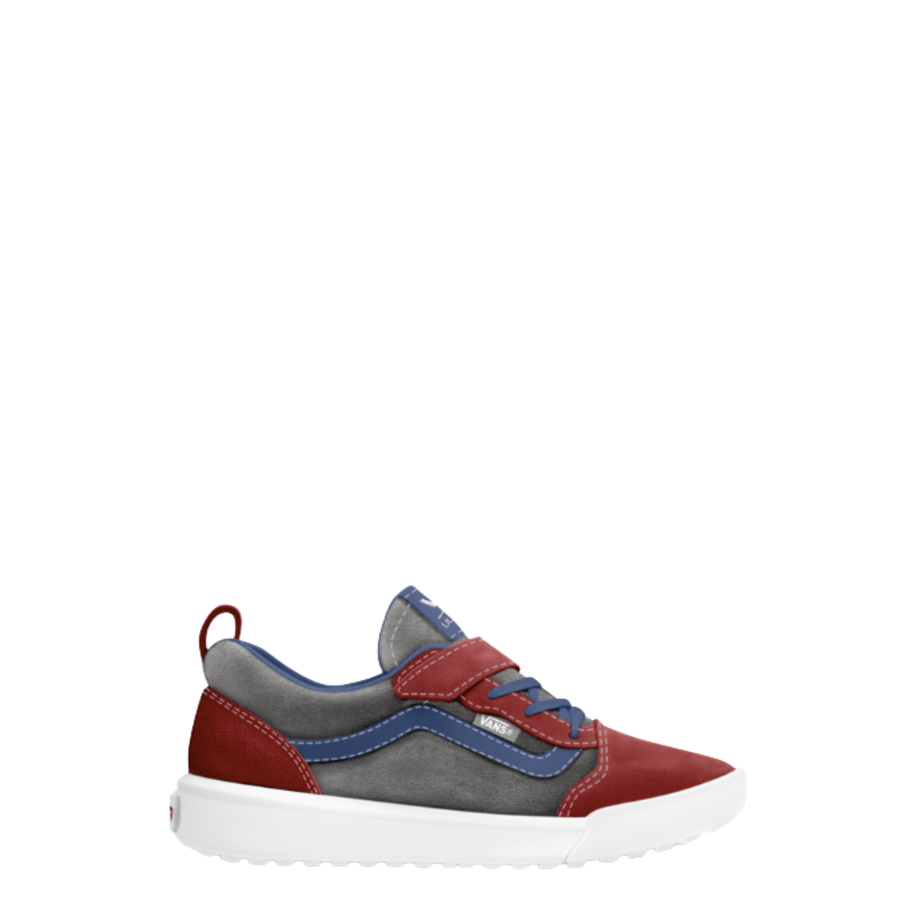 red and grey toddler vans ultrarange shoe with blue details and white background
