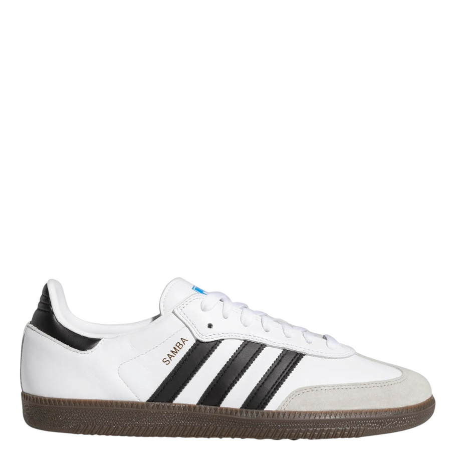 White Adidas samba skateboarding adv sneaker with black stripes and gum sole on a white background