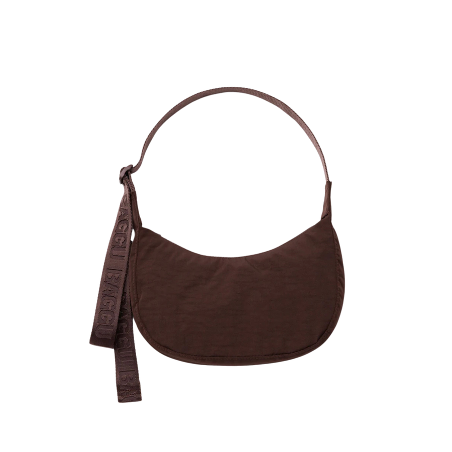 Brown baggu small crescent nylon shoulder bag with strap on a white background