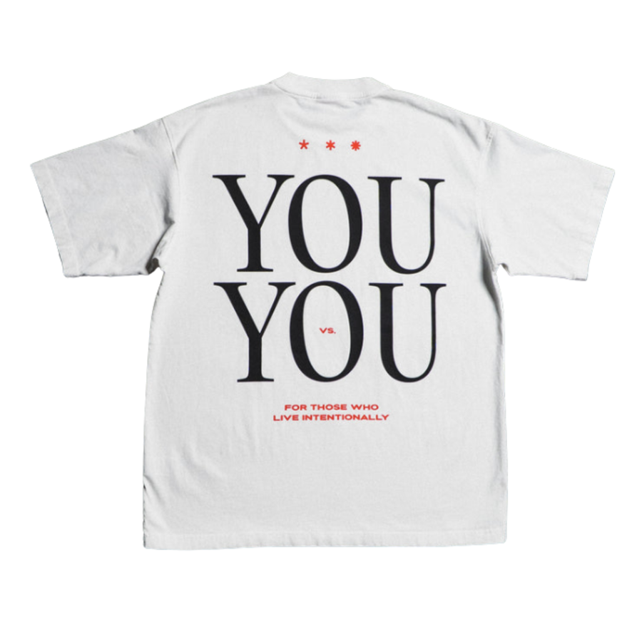 White OE Athletics club you vs you t-shirt with black and red text on a white background