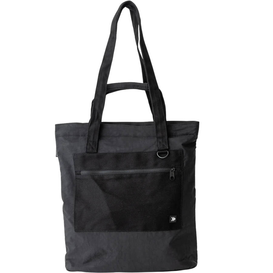 Black thread scout tote bag with a zipper pocket on a white background