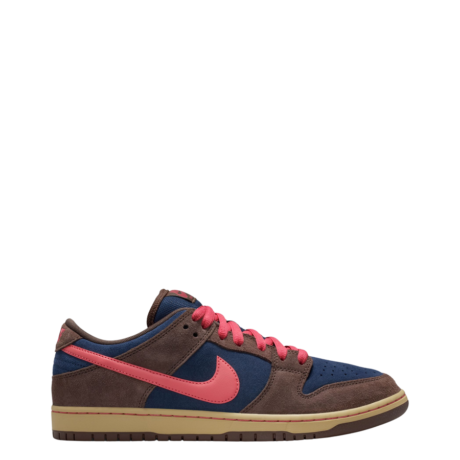nike sb dunk low Sneaker with brown, blue, and pink color scheme on a white background