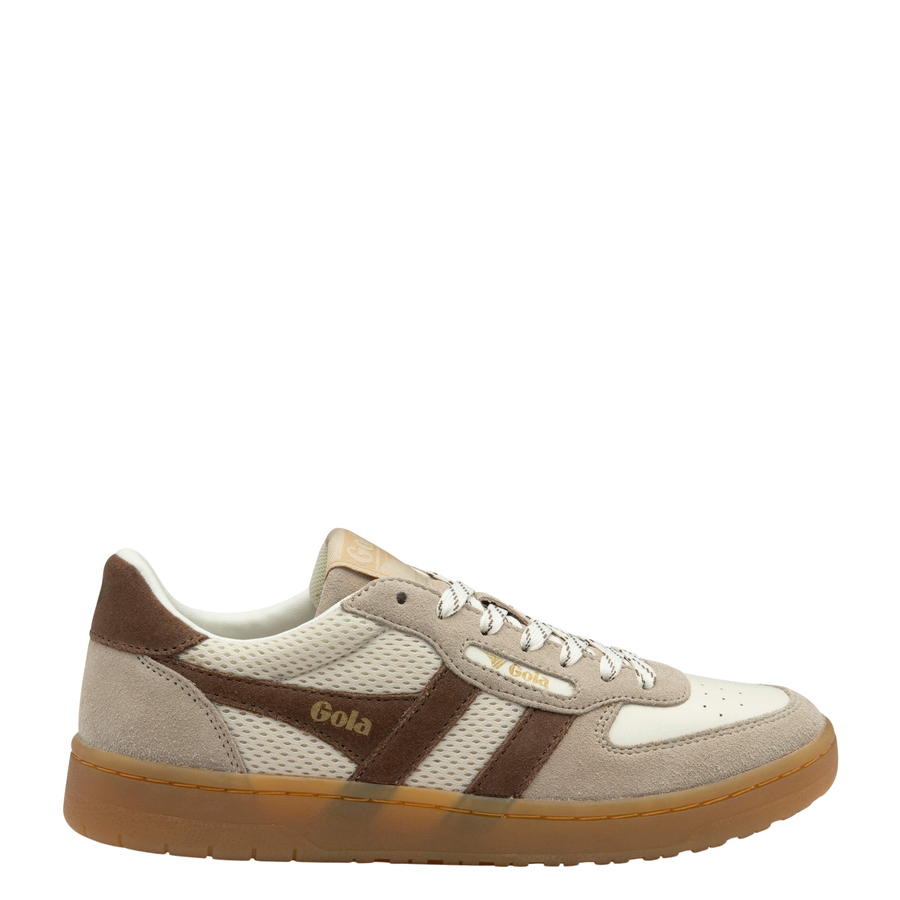 off white, tan and brown gola women's hawk '83 sneaker with gum sole on a white background