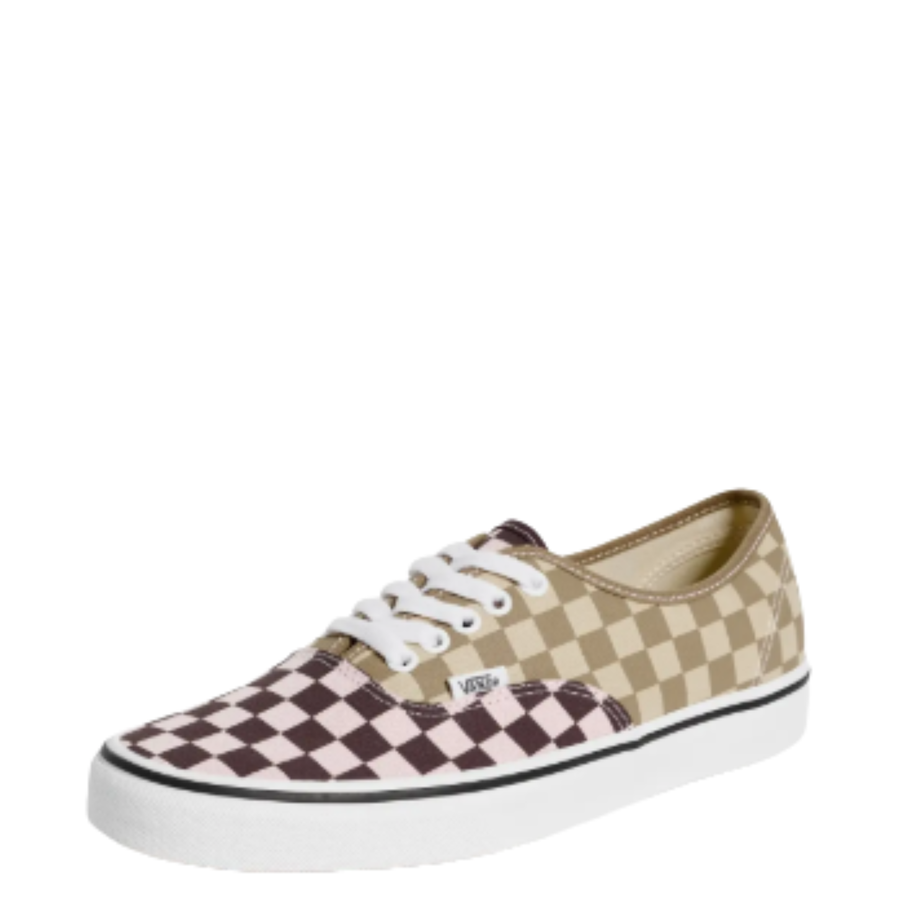 A low-top Vans authentic sneaker featuring a dual checkerboard pattern in tan and dark brown, with white laces and a white rubber sole.
