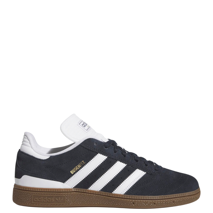 dark grey adidas busenitz skateboarding shoe with white strips and tongue and gum sole on a white background
