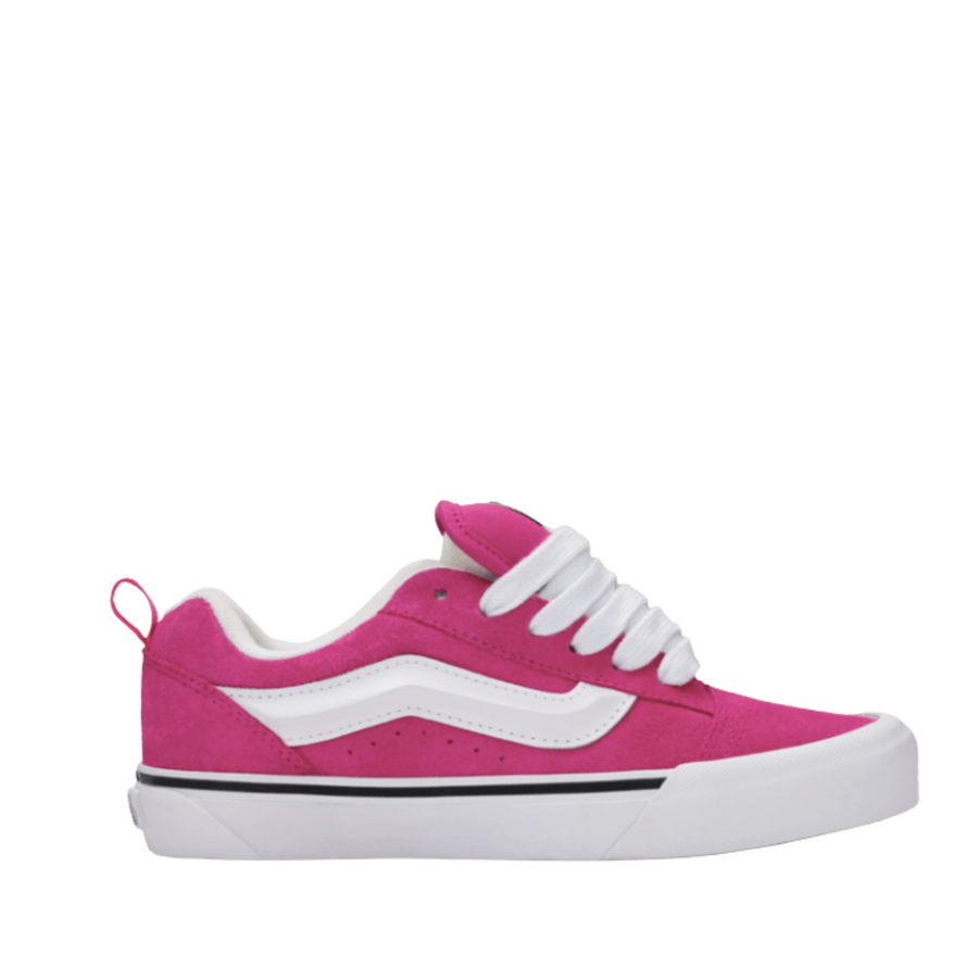 Pink vans knu skool women's sneaker with white laces on a white background