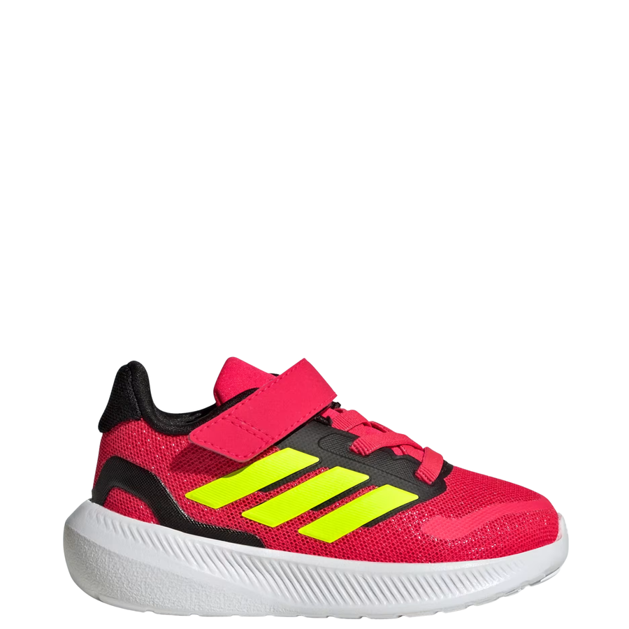 red and black Adidas runfalcon 5 kids elastic lace shoe with yellow stripes on a white background