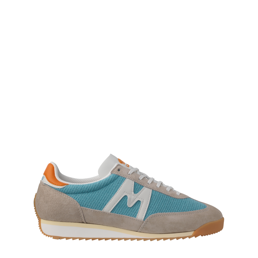 Karhu flower pack mestari women's Sneaker with a blue and beige design with orange accents on a white background