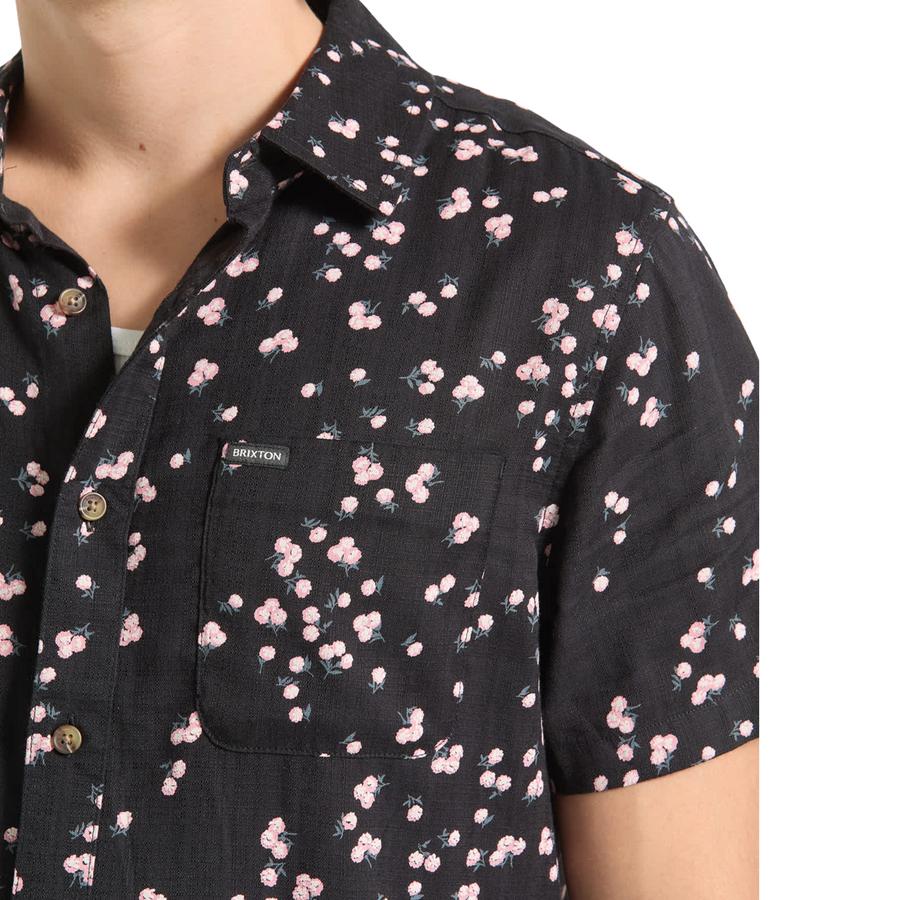 black brixton charter slub short sleeve woven men's shirt with pink flowers