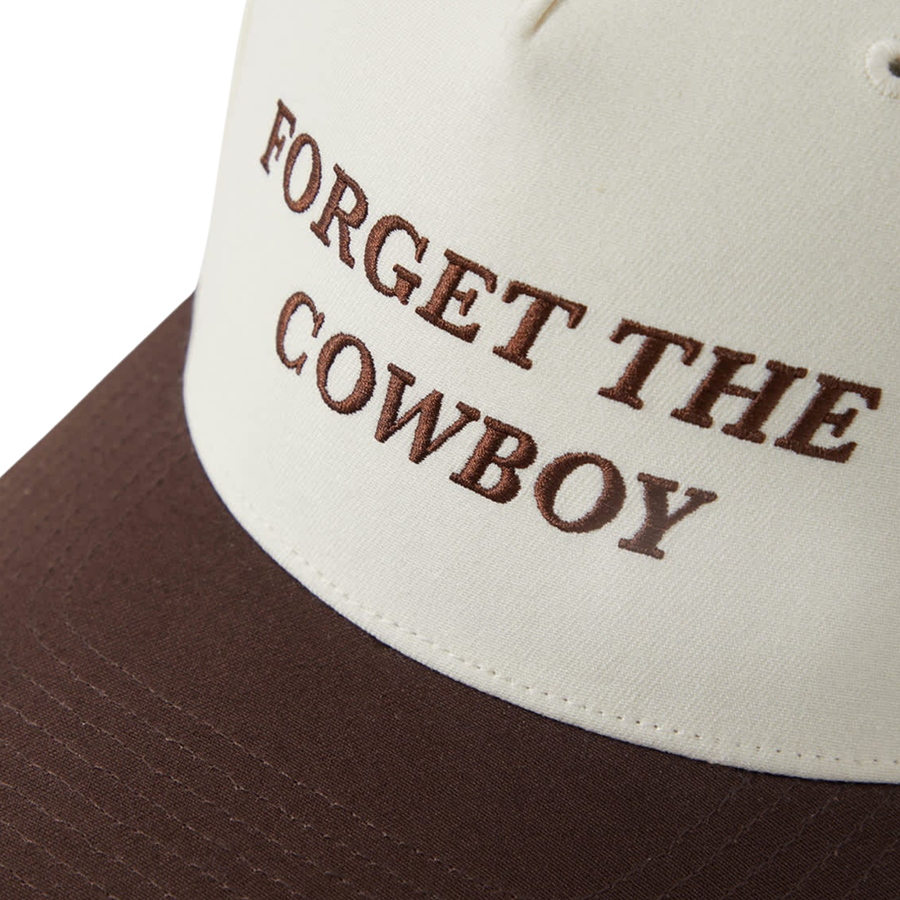 white and brown brixton hat with forget the cowboy in brown stitching