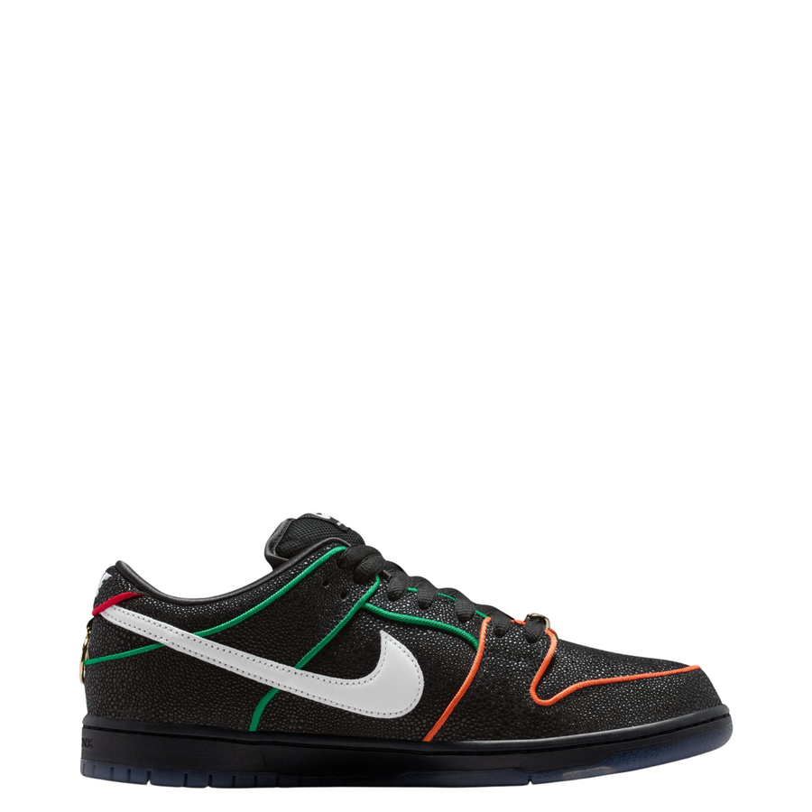 Black NIKE SB dunk low bronx girls skate sneaker with colorful accents on a white background