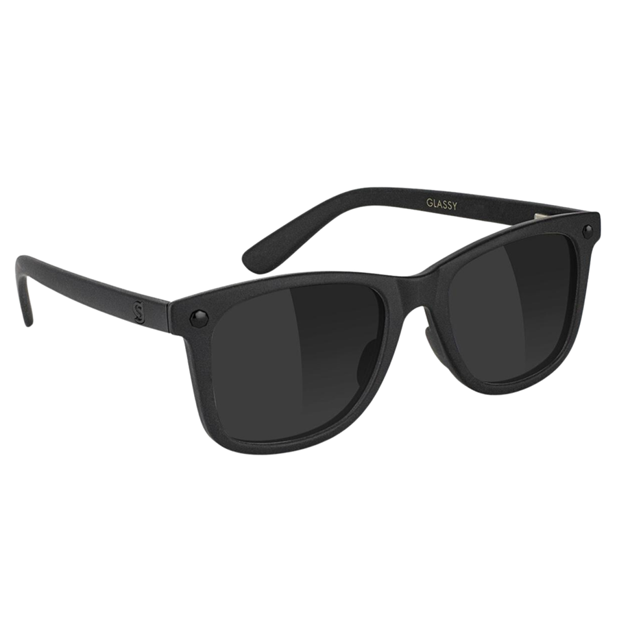 Black glassy mikemo premium polarized sunglasses with a white background