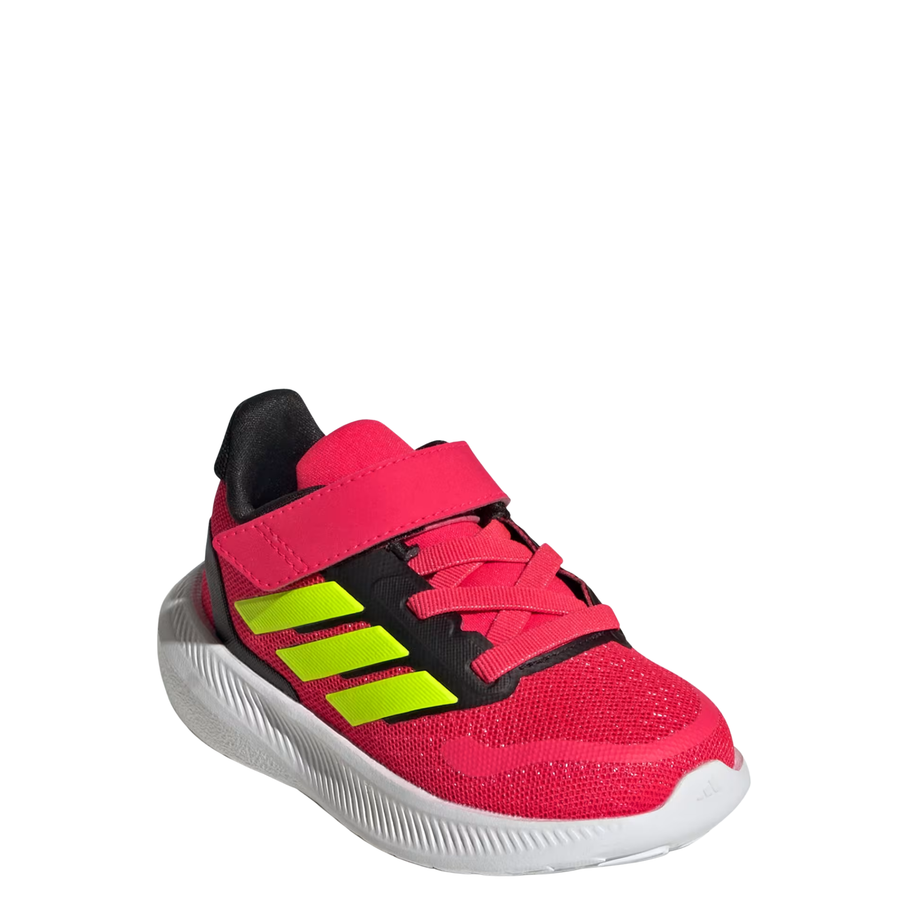 red and black Adidas runfalcon 5 kids elastic lace shoe with yellow stripes on a white background