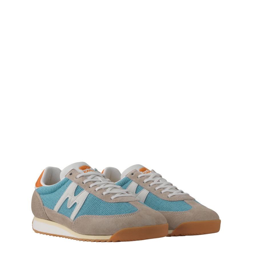 Karhu flower pack mestari women's Sneaker with a blue and beige design with orange accents on a white background