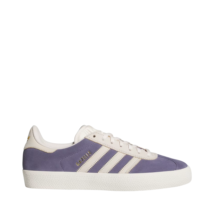 purple adidas gazelle adv skateboard shoe with white stripes on a white background