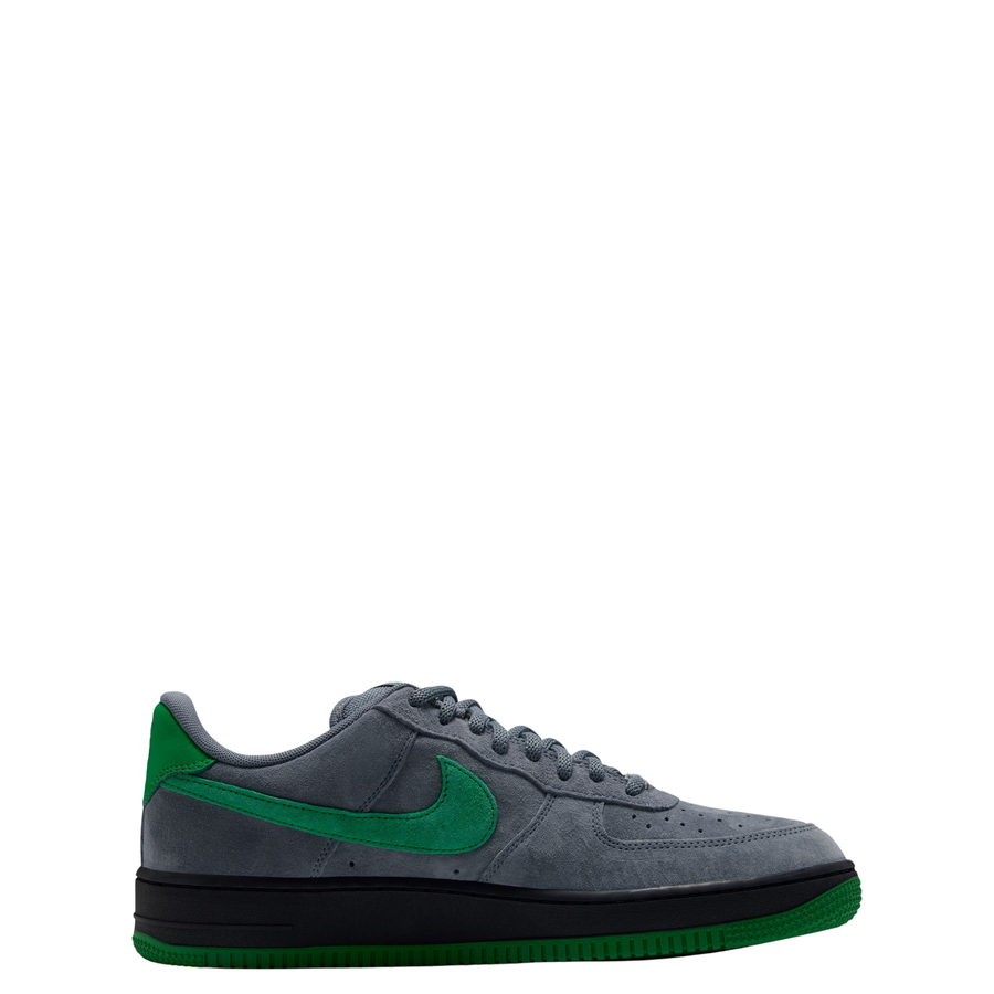 grey nike sb x nocturnal air force 1 with green swoosh and black and green sole on a white background