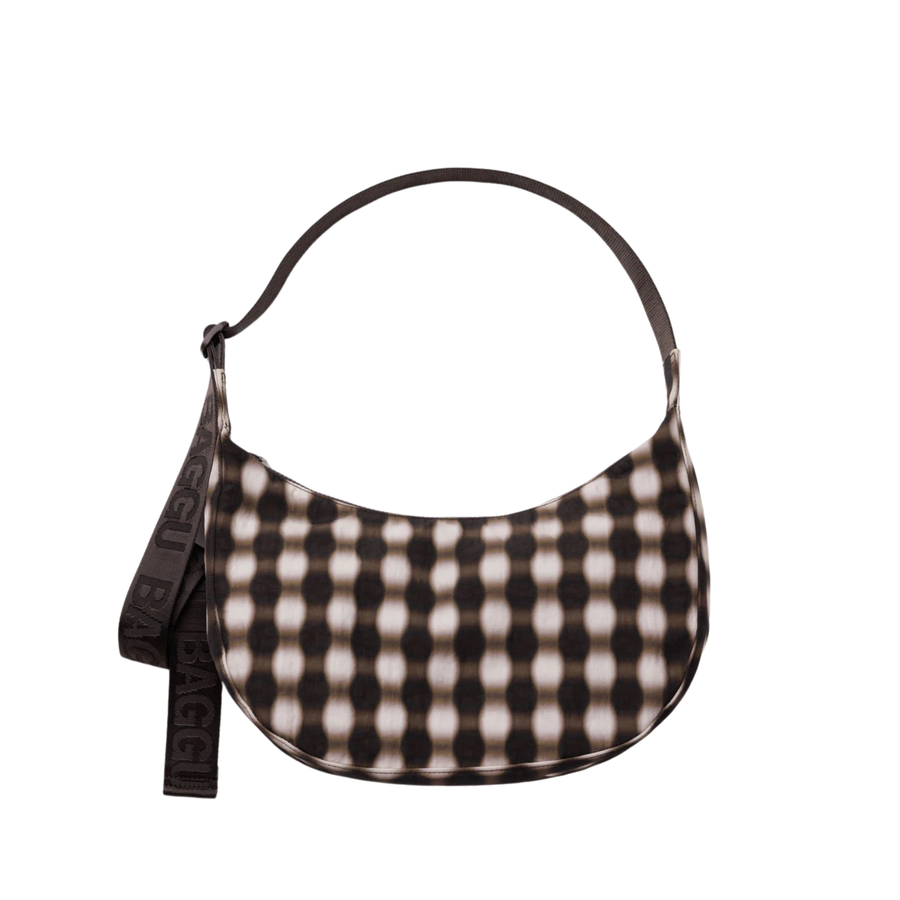 blurred brown and white gingham baggu medium nylon crescent bag on a white background