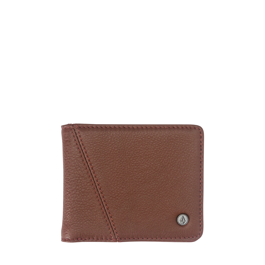 A volcom pay-a-pal brown textured leather bi-fold wallet with a diagonal stitched design on the front, shown against a plain white background.