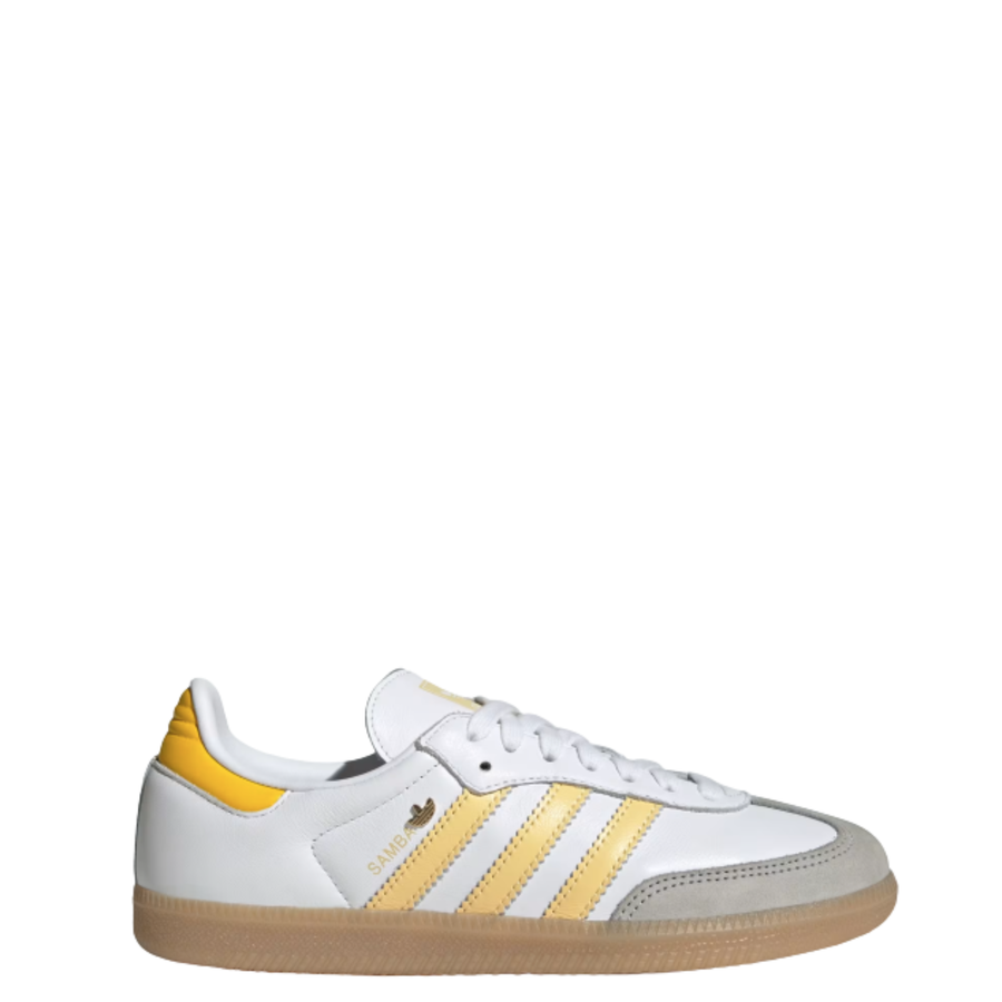 White Adidas samba sneaker with yellow stripes and a gum sole on a white background