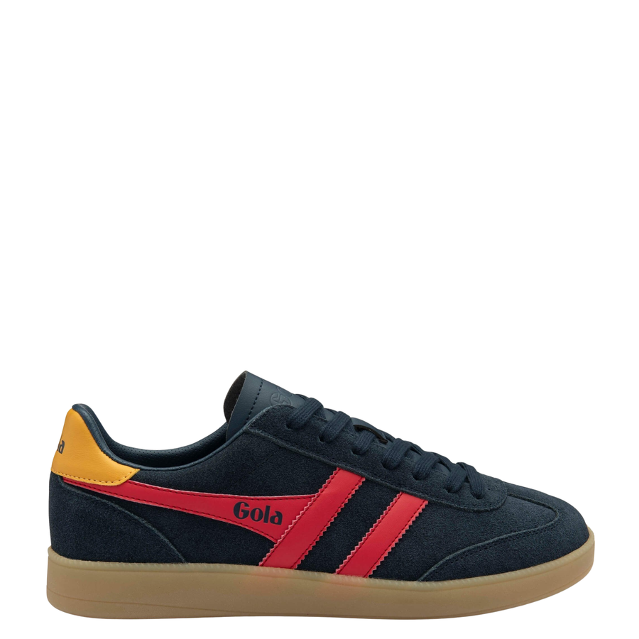 navy blue gola men's viper trainer with red stripes and yellow accent on a gum sole on a white background