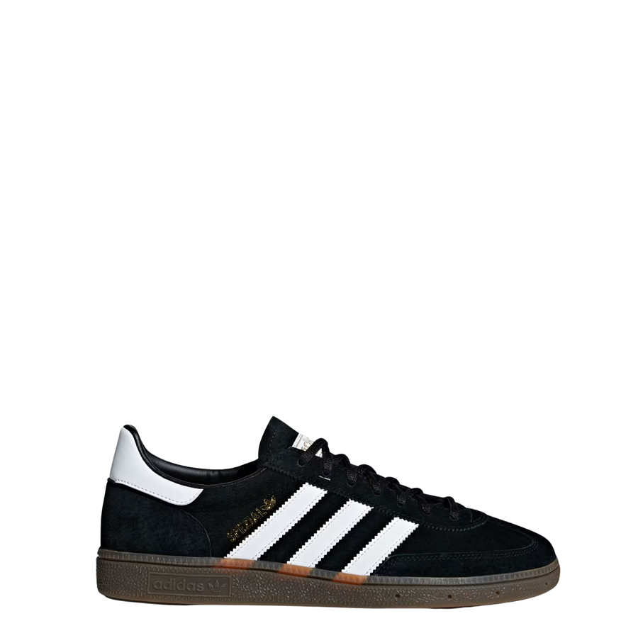 Black Adidas HANDBALL SPEZIAL sneaker with white stripes on a white background