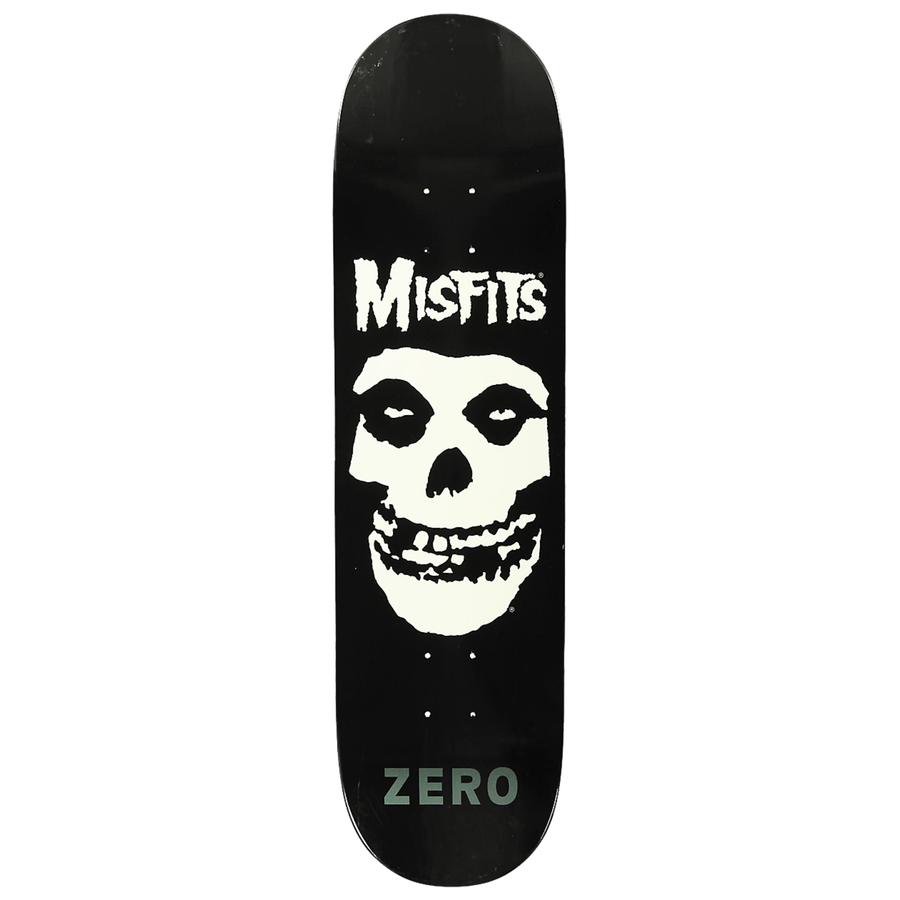ZERO Skateboard deck with a skull design and 'Misfits' text on a black background